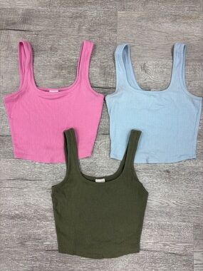 Tilly's Ribbed Crop Tank Trio - Pink, Light Blue & Olive